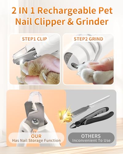2-in-1 Cat & Dog Nail Clippers & Grinder with LED Light to Avoid the Quick | Quiet USB Rechargeable Pet Nail Trimmer with Safety Guard for Small Medium Large Pets