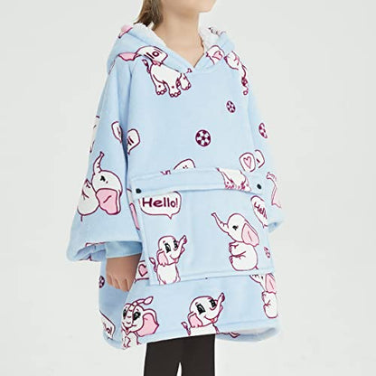 KFUBUO Wearable Blanket Hoodie for Kids Sherpa Patterns Oversized Sweatshirt Blanket With Pocket 6-10 Year Old Girl Boy Birthday Gifts Elephant - color: Printing-elephant, size: Kids 6-10YR