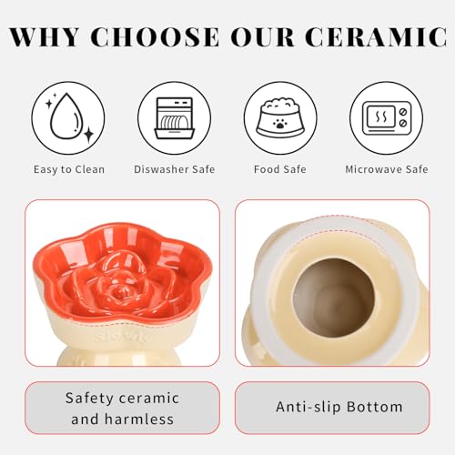 S&Q's CERAMICS Raised Slow Feeder Cat Bowl, Ceramic Glass Elevated Pet Food Bowl Small Dogs Slow Feeder, Flower Shaped Cute Dish for Dry and Wet Food (Orange, 5.8") - color: Orange