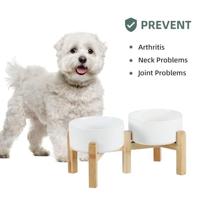 Havniva 6.1” Dog Bowls Elevated Ceramic Dog Food and Water Bowl Set, Double Raised Dog Water Bowl with Stand Non-Slip Rubber Base Two Heights Large Capacity Feeding Pet Food Bowl for Small Dogs - color: Matte White - 2 Bowls+Stand, size: 6.1 Inch