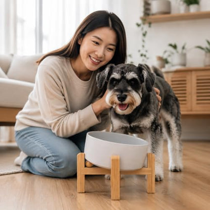 hjn Elevated Ceramic Dog Bowl 15°Slanted Raised Dog Bowl with Bamboo Stand for Small Medium Dogs and Cats, Pet Feeder-3.6-Cup (850ml)-Gray - color: Misty Gray, size: 3.6Cup