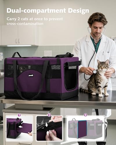 Pecute Dual Compartment Pet Carrier for Multi-Cat Families & Small Dog Owners, Collapsible Dog Crate with Reinforced Steel Frame, Car Safety Design for Travel, Vet Visits & Home Use, Purple - color: Purple