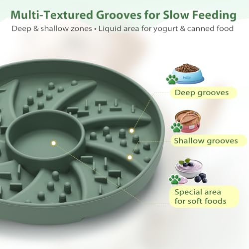 Slow Feeder Dog Bowl Silicone Suction Cup Anti Spill Dogs Cats Green | strong suction base prevents sliding, extends mealtime, reduces anxiety, textured surface, dishwasher safe - color: Green