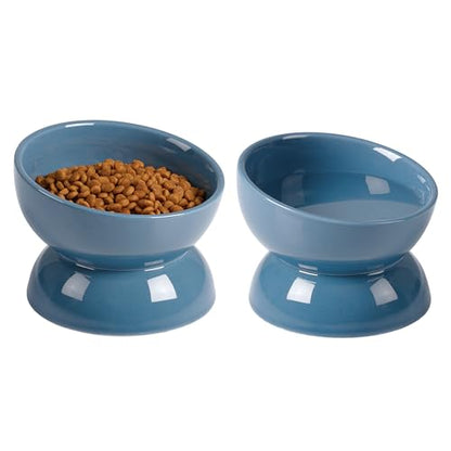 ABRUTY Cat Water Bowl, 16 OZ Ceramic Elevated Cat Bowls, 15° Tilted and Raised Pet Food Dish, Anti Vomiting Protect Pets' Spines and Whisker Fatigue, Set of 2, Blue - color: Blue, size: 2 Pack