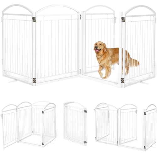 Full Metal Free Standing Dog Gate with Door for Outdoor Indoor,96'' Extra Wide 36'' Tall Dog Gates for Doorways,Large Openings,Decks,Porch,Freestanding Portable Pet Fence(4 Panels,White) - color: White, size: 【4 Panels with Door】 36''H*96''W