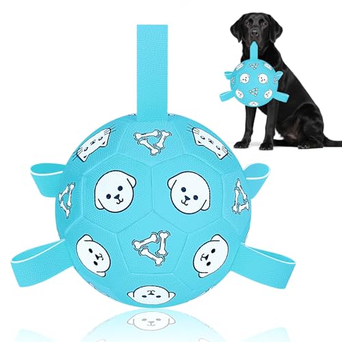 8 Inch Dog Soccer Ball with Straps, Jolly Ball for Medium Dogs | Interactive Dogs Toy for Tug of War, Water Toys, Durable Large Dog Balls for Outside Play Outdoor Training, Birthday Gift - color: Pale Blue, size: Large-8 Inch