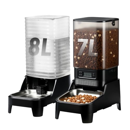 Marchul 7L Automatic Cat Feeder and 8L Automatic Gravity Pet Water Dispenser with Patented Faucet, Stainless Steel Bowl, Adjustable Elevated Base, Battery Operated, Timed Feeder