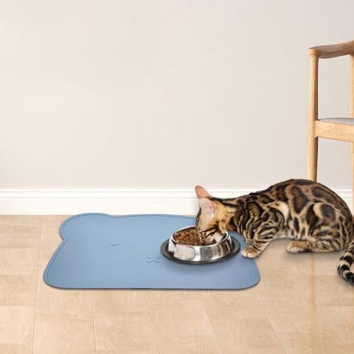Silicone Waterproof Dog Cat Pet Feeding Mats,Anti Slip Pet Bowl Mats, BPA Free Silicone Pete Feeding Mat Bear Pattern 16In x 12In(Blue) - color: blue
