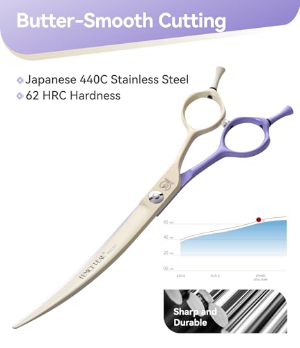 Curved Dog Grooming Scissors with Coating 440C Stainless Steel, 7 inch Professional Curved Shears Dog Grooming，25 Degree of Curved Blade，Pet Shear for Trimming Face and Paw, Violet & White - color: Violet&white