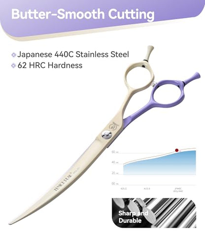 Curved Dog Grooming Scissors with Coating 440C Stainless Steel, 7 inch Professional Curved Shears Dog Grooming，25 Degree of Curved Blade，Pet Shear for Trimming Face and Paw, Violet & White - color: Violet&white