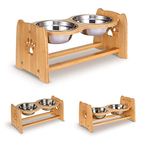 X-ZONE PET Elevated Dog Bowls for Cats and Dogs, Adjustable Bamboo Raised Dog Bowls for Medium Dog, Food and Water Set Stand Feeder with 2 Stainless Steel Bowls and Anti Slip Feet (Height 4.7" to 7") - size: M- Height 4.7" up to 7"