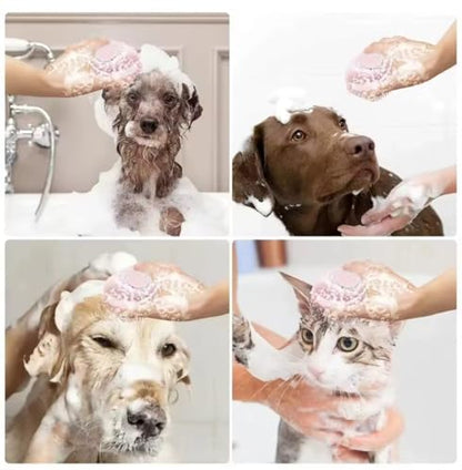 Dog Bath Brush with Shampoo Dispenser – Soft Silicone Pink Pet Scrubber for Stress-Free Bathing, Easy Refill (Dogs & Cats)