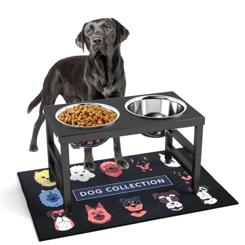 Metal Raised Dog Bowl, 10" Elevate Dog Feeder Stand, 2 Bowls & Non-Slip Mat - color: Black - L Dog Mat, size: Height:10inch