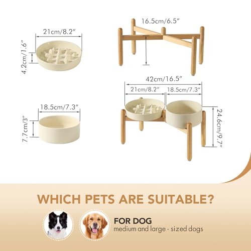 Havniva 8.2” Raised Slow Feeder Dog Bowls Set, 1.6 Cups Ceramic Slow Feeder Dog Bowl and 7.3” Dog Water Bowl with Elevated Wooden Stand Puzzle Dog Food Bowl for Medium Dogs Anti-Gulping & Anti-Choking - color: 2 x Light Yellow+Stand-C, size: 8.2inch