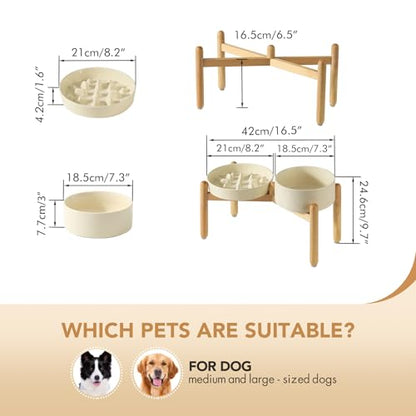 Havniva 8.2” Raised Slow Feeder Dog Bowls Set, 1.6 Cups Ceramic Slow Feeder Dog Bowl and 7.3” Dog Water Bowl with Elevated Wooden Stand Puzzle Dog Food Bowl for Medium Dogs Anti-Gulping & Anti-Choking - color: 2 x Light Yellow+Stand-C, size: 8.2inch