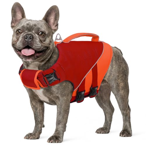 Queenmore Dog Life Jacket, Dog Life Vest for Swimming Boating, Pet Swim Vest for Medium Dogs, Ripstop High Visible Water Vests with Strong Rescue Handle, Red M - color: Red, size: Medium