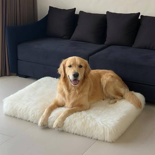 IHAPPYDOG Faux Fur Orthopedic Dog Bed, Memory Foam Rectangular Crate Bed for Large XL Dogs, Plush Furry Bed that Looks Like a Rug, Calming Bed for Senior Dogs, Washable Cover - White, Large 41"x27" - color: White, size: Large/Extra Large
