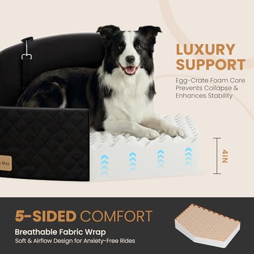 Dog Car Seat for Medium/Large Dogs, Memory Foam Dog Booster Seat with Thick Cushion up to 55 lbs or 2 Small Dogs, Travel Pet Car Seat with Detachable Washable Cover, 2 Safety Leashes (Black/Black) - color: Black/Black