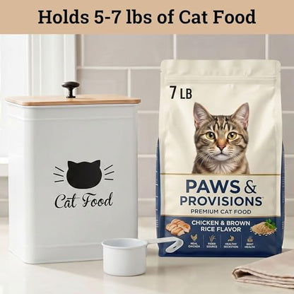 Cat Food Storage Container with Scoop - 5-7 lb (25 Cup) Capacity Metal Cat Food Container with Airtight Bamboo Lid and Metal Scoop - Airtight Pet Food Storage Containers 5 lb - 7 lb Kibble Container - color: White