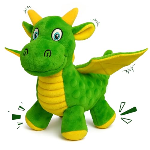 Squeaky Dog Toys - Soft Plush Dragon Dog Toy with 5 Squeakers & Crinkle Paper, Dog Toys for Small, Medium and Large Dogs to Keep Them Busy (Green,10") - color: Green