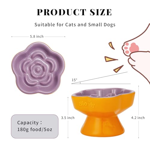 S&Q's Ceramics Raised Slow Feeder Cat Bowl, Ceramic Elevated Food Bowl Small Dogs Slow Feeder, Flower Shaped Cute Pet Dish for Dry and Wet Food (Purple, 5.8") - color: Purple