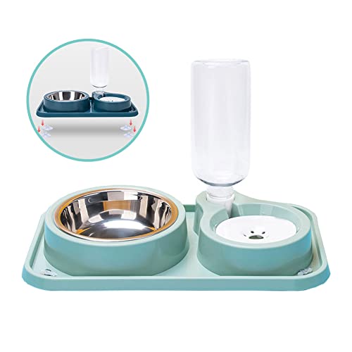 JiangYanus Double Dog Cat Bowls, No-Spill Pet Water and Food Bowl Set | Automatic Water Dispenser Bottle Detachable Stainless Steel Bowl Gravity Water Feeder Bowl for Cats Dogs Puppy Kitten Rabbit - color: Green, size: 1000ML Water Bottle