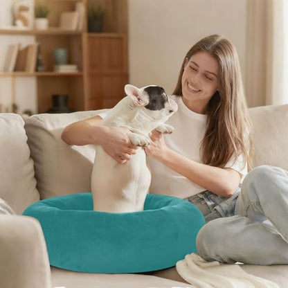 Plain Dark Teal Green Solid Color Calming Dog Bed for Cats & Small Medium Dogs, Washable Plush Round Donut Pet Bed with Soft Raised Rim, 13 inches Warm Anti-Slip Cushio - size: 13 inch