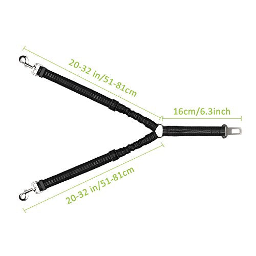 SlowTon Dog Seat Belt, Double Dog Seatbelt Adjustable Vehicle Safety Leash with Elastic Bungee Buffer, Reflective No Tangle Y Shape Two Dog Harness Seat Belt Splitter for Pets Car Trip (Black, M) - color: A.Black, size: 2 Medium in 1