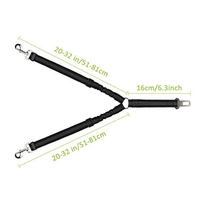 SlowTon Dog Seat Belt, Double Dog Seatbelt Adjustable Vehicle Safety Leash with Elastic Bungee Buffer, Reflective No Tangle Y Shape Two Dog Harness Seat Belt Splitter for Pets Car Trip (Black, M) - color: A.Black, size: 2 Medium in 1