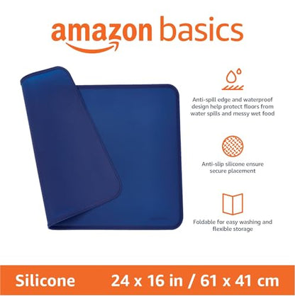 Amazon Basics Waterproof Non-Slip Silicone Pet Feeding Mat with Raised Edges, Prevents Spills, Easy to Clean, Protects Floors for Cat & Dog Food and Water Bowls, 24 x 16 Inches, Blue - color: Blue, style: 24" x 16"