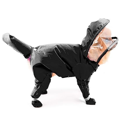 PAIDEFUL Small Dog Full Body Coverage Raincoat Solid Four-Leg Onesie Rain Jacket Waterproof Hoodie Puppy Clothes Button Lightweight Cats Costume, Black, M - color: black, size: M: Chest: 15.7", Back: 12.6"
