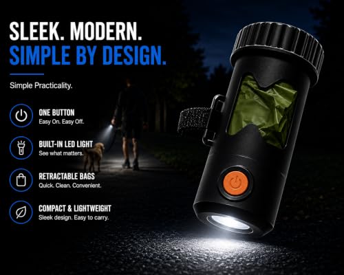 Poop Bag Holder With LED Flashlight USB-C Rechargeable No Batteries Needed Unique Retracting Function Compact Durable Lightweight Includes 15 bags and Charging Cable