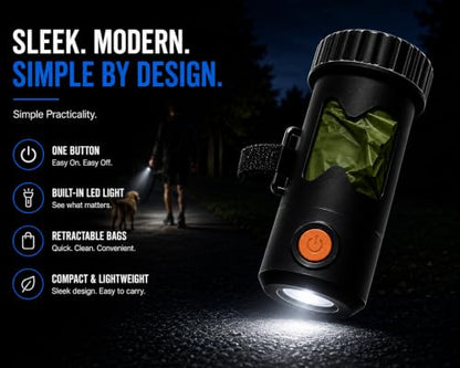 Poop Bag Holder With LED Flashlight USB-C Rechargeable No Batteries Needed Unique Retracting Function Compact Durable Lightweight Includes 15 bags and Charging Cable