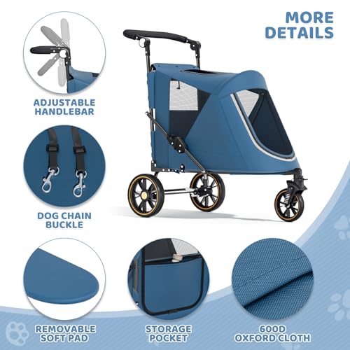 Magshion Pet Stroller for Medium Dogs w/Adjustable Handle, 3-Wheel Dog Cat Wagon w/Dual Entry, Rear Storage, Breathable Mesh, One-Foot Brake, Ideal for Large Pets up to 55 lbs, Navy Blue - color: Navy Blue, style: Up to 55 lbs