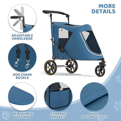 Magshion Pet Stroller for Medium Dogs w/Adjustable Handle, 3-Wheel Dog Cat Wagon w/Dual Entry, Rear Storage, Breathable Mesh, One-Foot Brake, Ideal for Large Pets up to 55 lbs, Navy Blue - color: Navy Blue, style: Up to 55 lbs