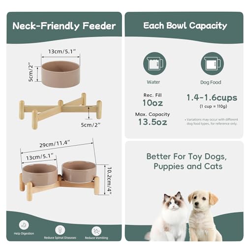 Havniva 5.1inch Ceramic Raised Dog Bowl with Stand, Double Dog Bowls Elevated for Small Breed Dog Food and Water Bowl Set Non-Slip Dog Dish Large Capacity Feeding Pet Water Bowl - color: 2 Bowls+Stand - Brown Coffee, size: 5.1inch