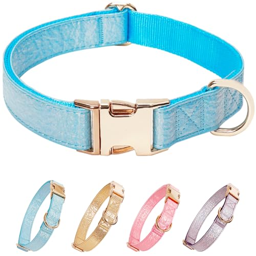 Glare Blue Dog Collar Leather and Nylon Double Layer Thickened Design Adjustable Durable Heavy Duty Dog Collars with Quick Release Metal Buckle for Small Medium Large Dogs L,Neck 15.7-27.2" - color: Blue, size: L-(neck adjustable 15.7-27.2" width 0.98")