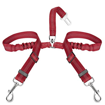 SlowTon Dog Seat Belt, Double Dog Seatbelt Adjustable Vehicle Safety Leash with Elastic Bungee Buffer, Reflective No Tangle Y Shape Two Dog Harness Seat Belt Splitter for Pets Car Trip Travel (Red, S) - color: D.Red, size: 2 Small in 1