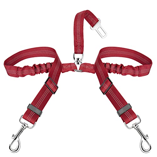 SlowTon Dog Seat Belt, Double Dog Seatbelt Adjustable Vehicle Safety Leash with Elastic Bungee Buffer, Reflective No Tangle Y Shape Two Dog Harness Seat Belt Splitter for Pets Car Trip Travel (Red, S) - color: D.Red, size: 2 Small in 1
