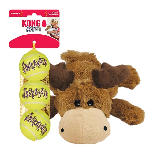 KONG Cozie Marvin Moose & SqueakAir Balls (3 Pack) - Dog Fetch & Chew Toys for Fun - Soft Toy Moose for Indoor Play - Durable Dog Toy Balls for Outdoor Play - for Small Dogs - size: Small