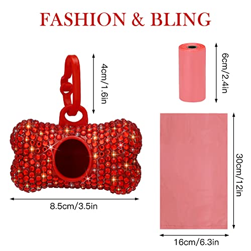 SAVORI Dog Poop Bag Holder Bling Crystal Dog Waste Bags Dispenser for Pet Dog Doggy with Carabiner Clip Includes 1 Roll 15 Bags (Red) - color: Red