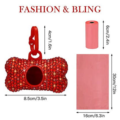 SAVORI Dog Poop Bag Holder Bling Crystal Dog Waste Bags Dispenser for Pet Dog Doggy with Carabiner Clip Includes 1 Roll 15 Bags (Red) - color: Red
