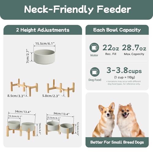 Havniva 6.1” Dog Bowls Elevated Ceramic Dog Food and Water Bowl Set, Double Raised Dog Water Bowl with Stand Non-Slip Rubber Base Two Heights Large Capacity Feeding Pet Food Bowl for Small Dogs - color: Matte Gray - 2 Bowls+Stand, size: 6.1 Inch