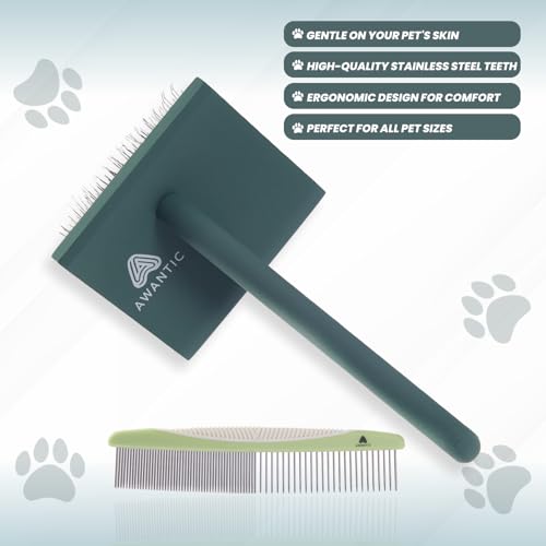 Self- Cleaning Slicker Brush for Dogs Suitable for Short & Long Haired Dogs and Effective Deshedding for Pet Grooming, Undercoat Removal, Tangle-Free Fur (Green Brush + Comb) - size: Large