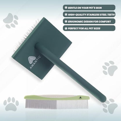 Self- Cleaning Slicker Brush for Dogs Suitable for Short & Long Haired Dogs and Effective Deshedding for Pet Grooming, Undercoat Removal, Tangle-Free Fur (Green Brush + Comb) - size: Large
