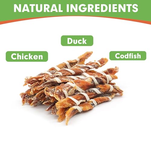 MON2SUN Dog Treats, Triple Flavor Jerky Twist Sticks, 5-7 Inch Chicken Duck and Codfish Sticks Chews for Small Dogs, Healthy Snacks, 10.58 oz (15 Count-Pack of 1) - size: 10.58 Ounce (Pack of 1), style: 5-7 Inch