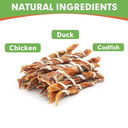 MON2SUN Dog Treats, Triple Flavor Jerky Twist Sticks, 5-7 Inch Chicken Duck and Codfish Sticks Chews for Small Dogs, Healthy Snacks, 10.58 oz (15 Count-Pack of 1) - size: 10.58 Ounce (Pack of 1), style: 5-7 Inch
