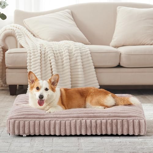 Dog Bed Medium Size Dog, Flat Pet Beds with Removable Washable Cover, Pet Mat Cute Crate Bed Thick Shredded Chopped Crate Foam & Anti Slip Bottom for Indoor - color: Pink, size: M(29"x21"x3")