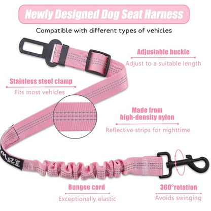 IBWell Dog Seat Belt,3 Piece Set Retractable Dog Car Harness Adjustable Dog Seat Belt for Vehicle Nylon Pet Safety Seat Belts Heavy Duty & Elastic (Black & Pink) - color: Black & Pink