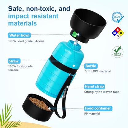 Pecute Dog Water Bottle Portable 22 oz with 5 oz Food Container, Poop Bag Holder, Portable Dog Water Bottle Dispenser, Leakproof, Lightweight, Pet Water Bottle for Dogs Outdoor Travel Walking | Portable, Lightweight, Leakproof BPA Free for hiking, camping